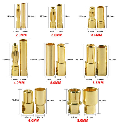 Battery Parts 5 Pair /10 2.0 3.0 3.5 4.0 5.0 5.5 6.0 8.0mm Connector