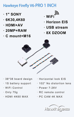 Hawkeye 6K Camera V6 PRO 1 inch HDMI AVUSB