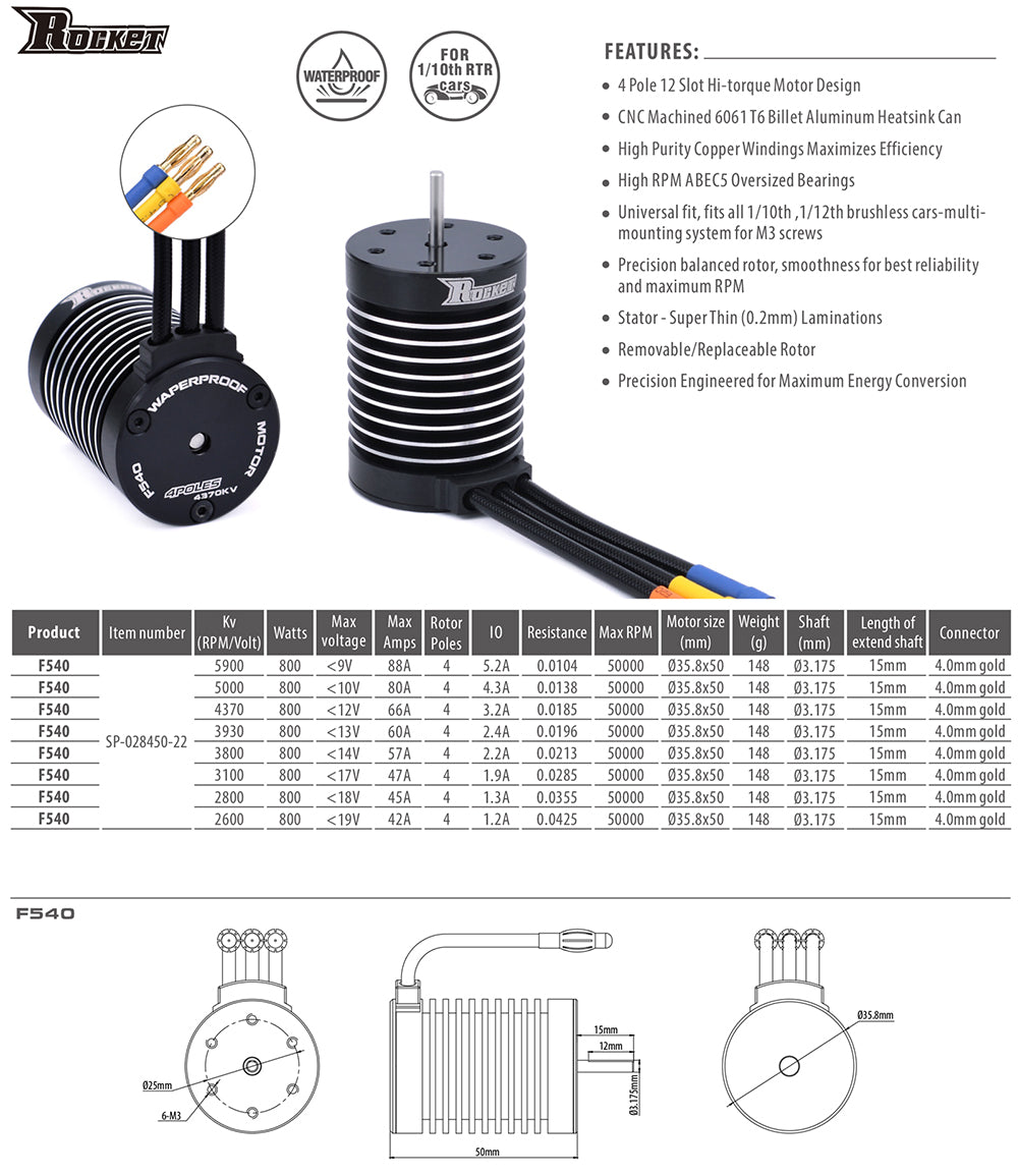 Brushless Motor 5900KV 1/10 - Rocket F540 Waterproof Sensorless