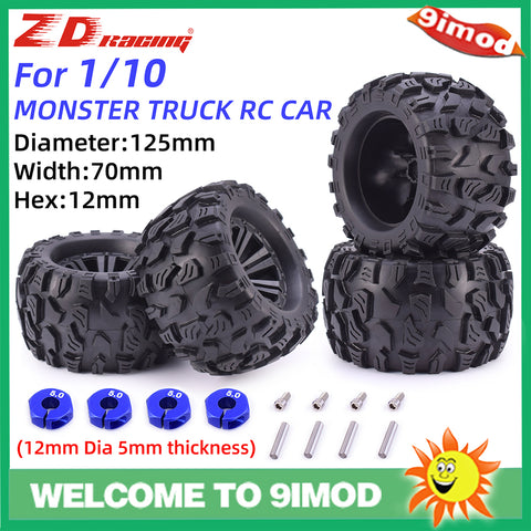 ZD Racing 1/10 Monster Truck Wheels & Tires with 12mm Hex (2 Pairs)