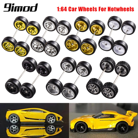 9IMOD 1/64 Alloy Car Wheels and Rubber Tires 11mm Size Rims Tires Set with Shaft for Hot Wheel/Matchbox/Domeka/HW/Off-road 1:64 Car Model Upgrade Replacement Front Rear Tires