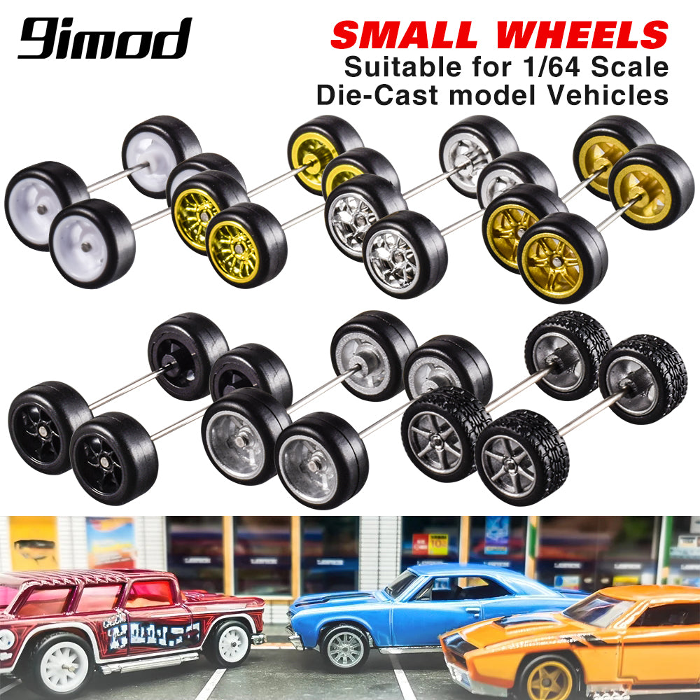 9IMOD 1/64 Alloy Car Wheels and Rubber Tires 11mm Size Rims Tires Set with Shaft for Hot Wheel/Matchbox/Domeka/HW/Off-road 1:64 Car Model Upgrade Replacement Front Rear Tires