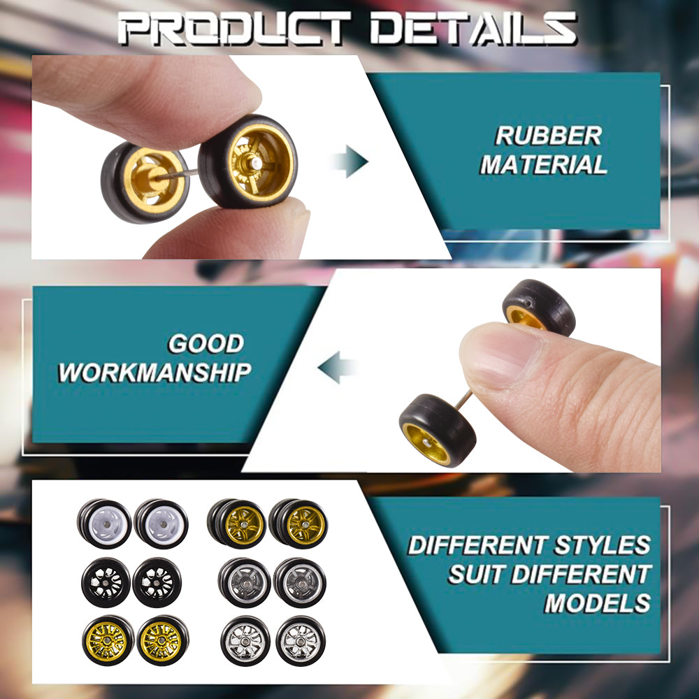 9IMOD 1/64 Alloy Car Wheels and Rubber Tires 11mm Size Rims Tires Set with Shaft for Hot Wheel/Matchbox/Domeka/HW/Off-road 1:64 Car Model Upgrade Replacement Front Rear Tires