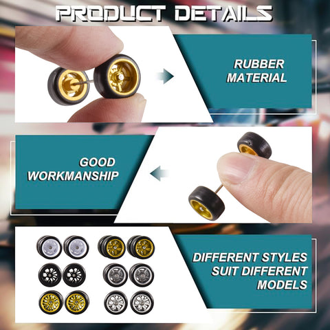9IMOD 1/64 Alloy Car Wheels and Rubber Tires 11mm Size Rims Tires Set with Shaft for Hot Wheel/Matchbox/Domeka/HW/Off-road 1:64 Car Model Upgrade Replacement Front Rear Tires
