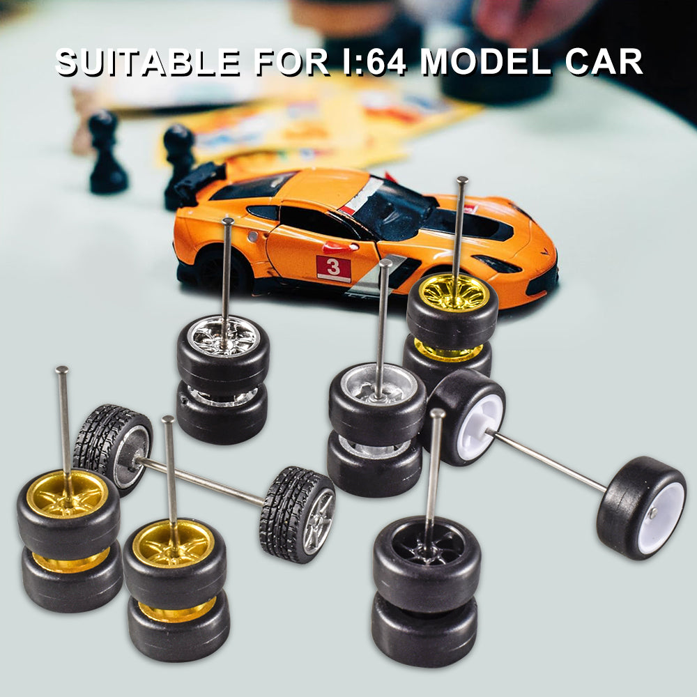 9IMOD 1/64 Alloy Car Wheels and Rubber Tires 11mm Size Rims Tires Set with Shaft for Hot Wheel/Matchbox/Domeka/HW/Off-road 1:64 Car Model Upgrade Replacement Front Rear Tires