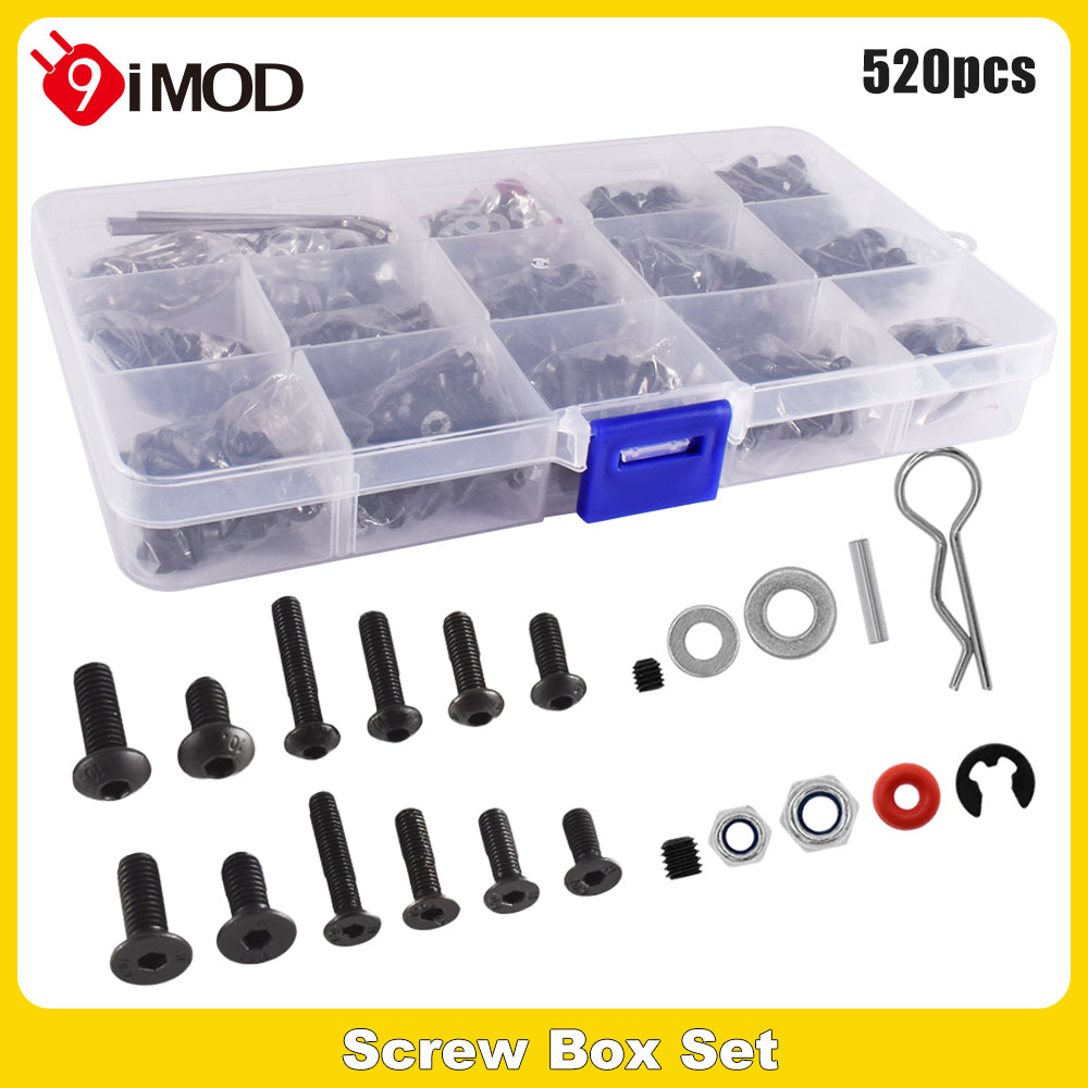 9IMOD Screw Box Set 520PCS M3/M4 Metal Screws with R-Clips for TRX4 D90 SCX10 1/8 1/10 RC Car