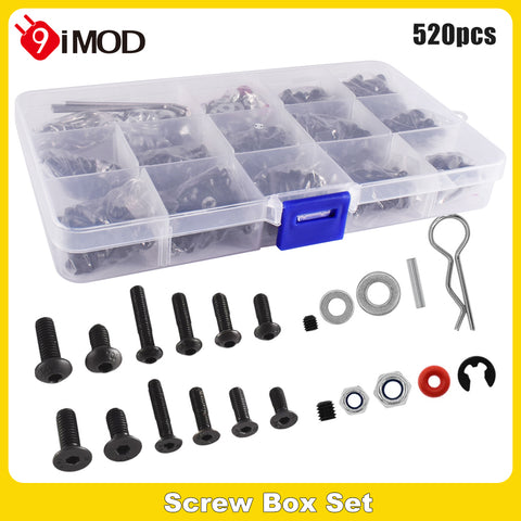 9IMOD Screw Box Set 520PCS M3/M4 Metal Screws with R-Clips for TRX4 D90 SCX10 1/8 1/10 RC Car
