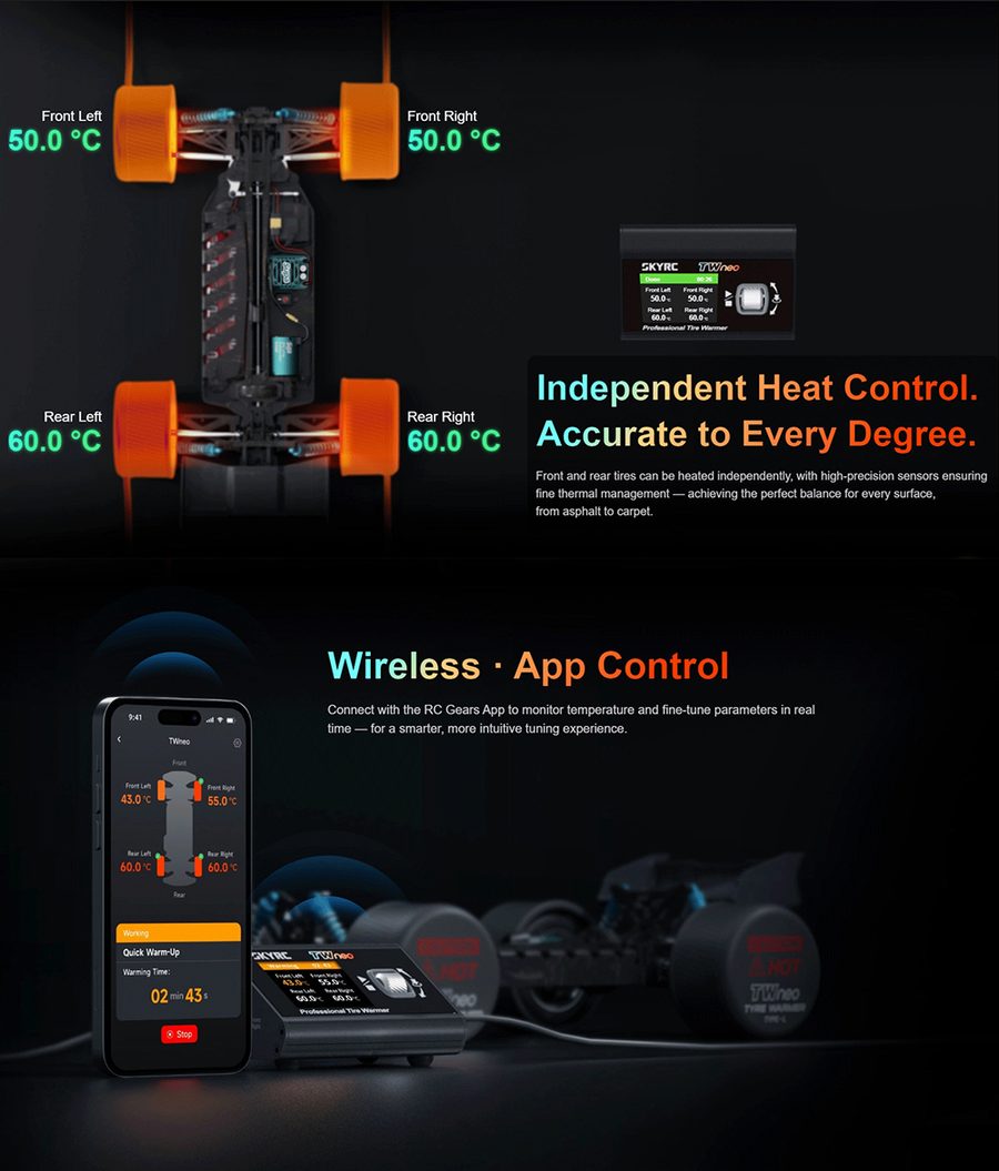 SKYRC TWneo RC Tire Warmer 20-80°C 4-Wheel Independent Heating for 1/8 1/10 Cars